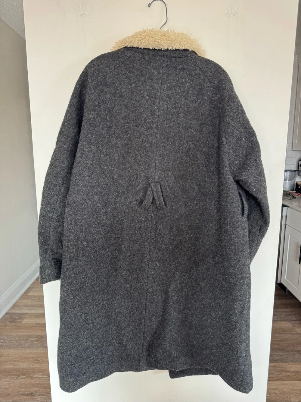 Simple Project 100% Wool Charcoal Coat Cream Shearling Collar XS